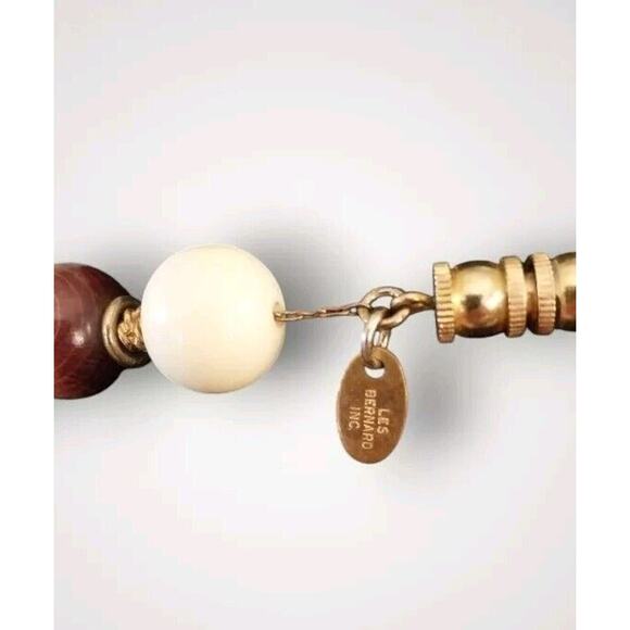 Les Bernard Inc Signed Wooden Bead Necklace 30" White/Brown - Picture 3 of 4